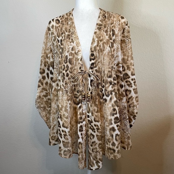 Chicos Tan Brown Sheer Kimono Roll Tab Sleeve Tie Front Leopard Animal Print Top - Picture 1 of 10